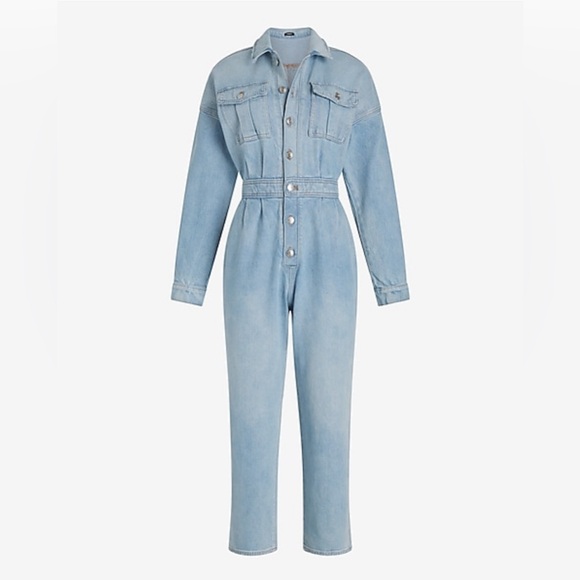 Express Slight Distressed Denim Relaxed Ankle Straight Leg Jumpsuit SZ S - NWOT - Picture 4 of 7